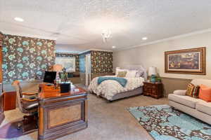 Carpeted bedroom with ornamental molding, a desk, a textured ceiling, and recessed lighting. Has it's own en suite