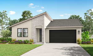 View of front facade with stone siding, a front yard, and stucco siding