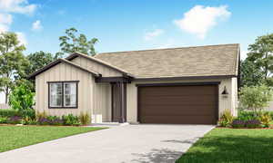 View of front of house featuring board and batten siding, a front lawn, concrete driveway, and a garage