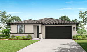 View of front of home featuring stucco siding, a front yard, concrete driveway, an attached garage, and a tile roof