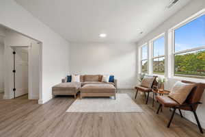 Living room with light wood-type flooring and recessed lighting