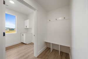 Mudroom with light wood finished floors and a mountain view