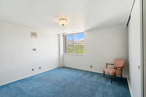 Unfurnished room featuring carpet flooring and a mountain view