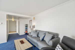 Living room with crown molding and carpet floors