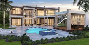 Back of house at dusk featuring a balcony, stairway, a patio, and a pool with connected hot tub