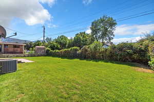 View of grassy yard with an outbuilding