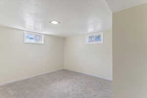 Basement featuring a textured ceiling, light carpet, and plenty of natural light