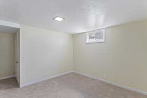 Below grade area featuring carpet floors and a textured ceiling