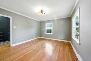 Unfurnished room with ornamental molding, light wood-style flooring, and a textured ceiling