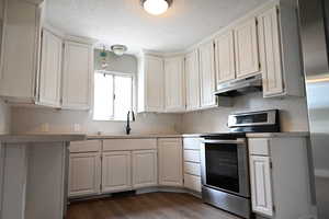 Kitchen with electric stove, under cabinet range hood, a textured ceiling, light countertops, and dark wood-style floors