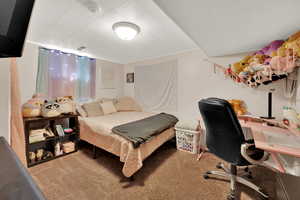 Bedroom with carpet flooring and an office area