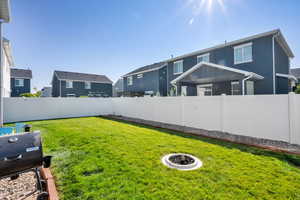 Fenced backyard featuring a residential view