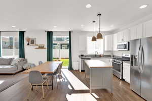 Kitchen featuring appliances with stainless steel finishes, open floor plan, recessed lighting, dark wood-style floors, and white cabinetry