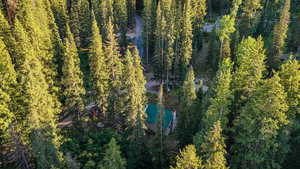 Aerial view of property's location featuring a heavily wooded area