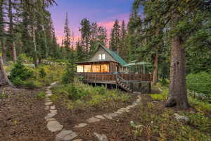 Front twilight view of cabin