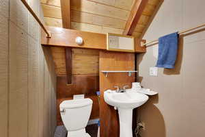 Bathroom with wooden walls and wood ceiling