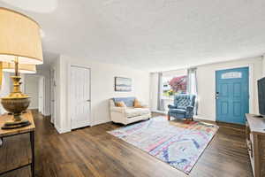 Living area featuring dark wood-style floors and a textured ceiling