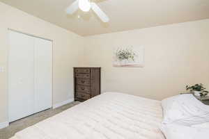 Bedroom with a ceiling fan, carpet, and a closet