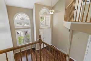 Stairs with wood finished floors, a high ceiling, and ceiling fan