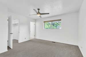 Bedroom with a spacious closet, carpet floors, ceiling fan, and a textured ceiling
