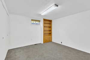 Unfurnished room featuring light colored carpet and built in features