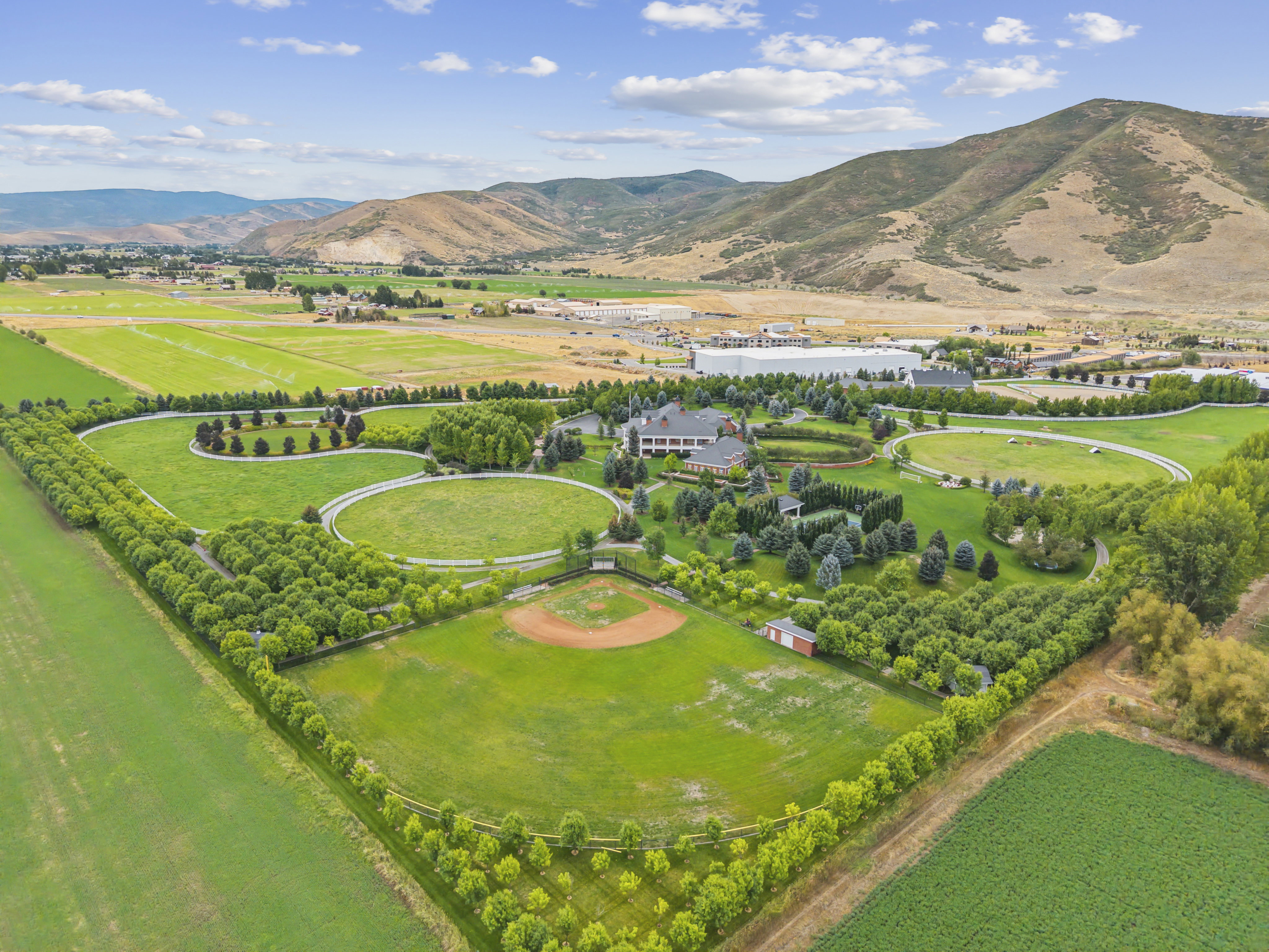 Expansive agricultural property featuring a baseball diamond, multiple manicured fields, mature tree lines, and a large central residence with surrounding landscaping