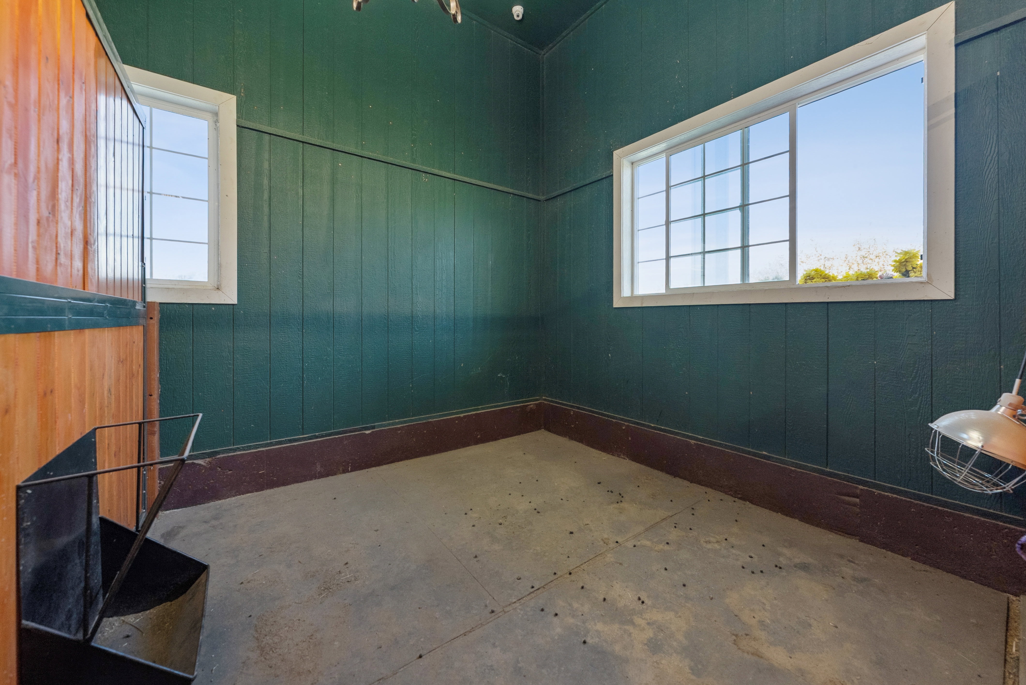 Interior space with dark green vertical paneling, concrete flooring, and a dark brown baseboard