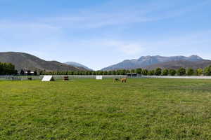 Mountain view with rural landscape and agricultural land