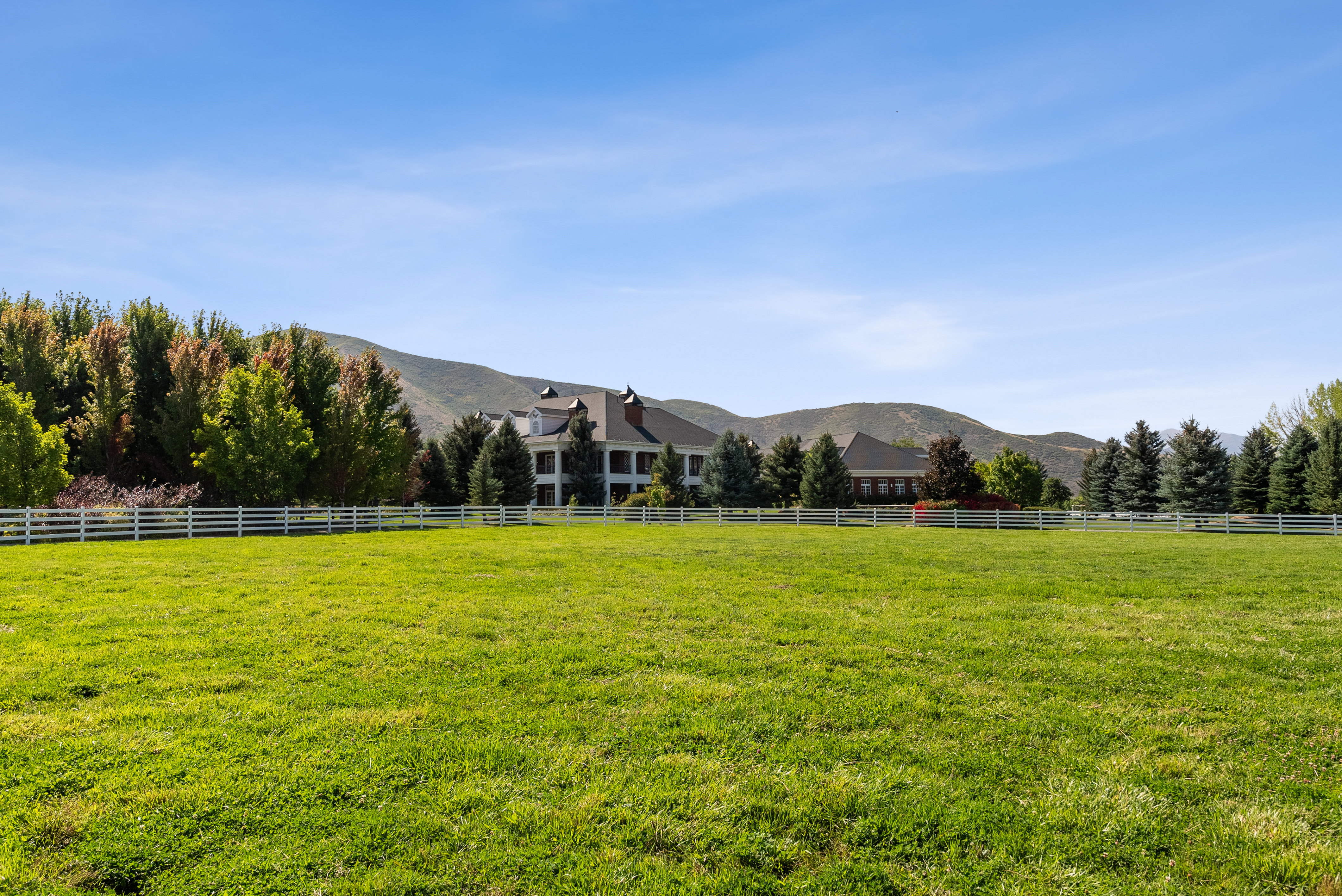 Expansive green lawn with a white picket fence bordering the property
