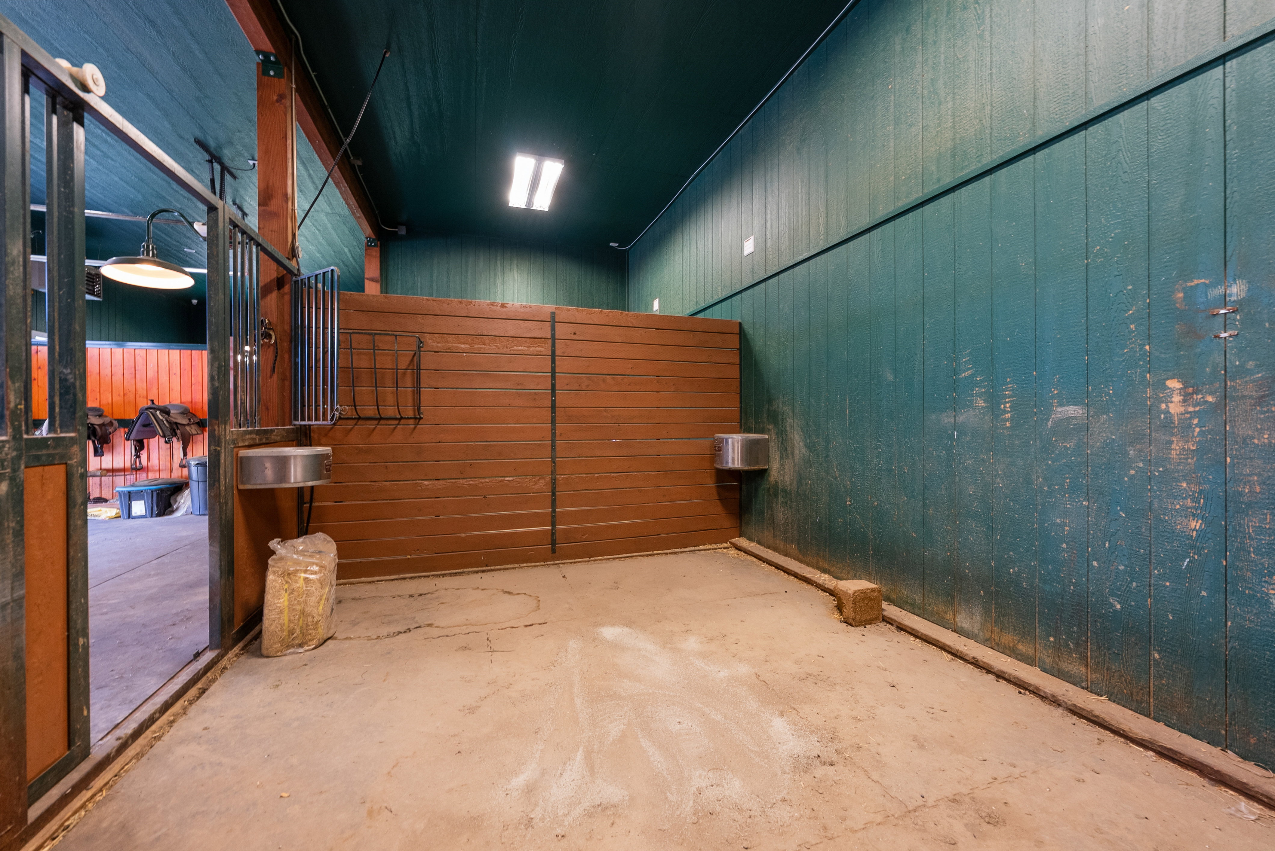 Stall interior featuring concrete flooring, wood paneling, metal feed buckets, and integrated lighting