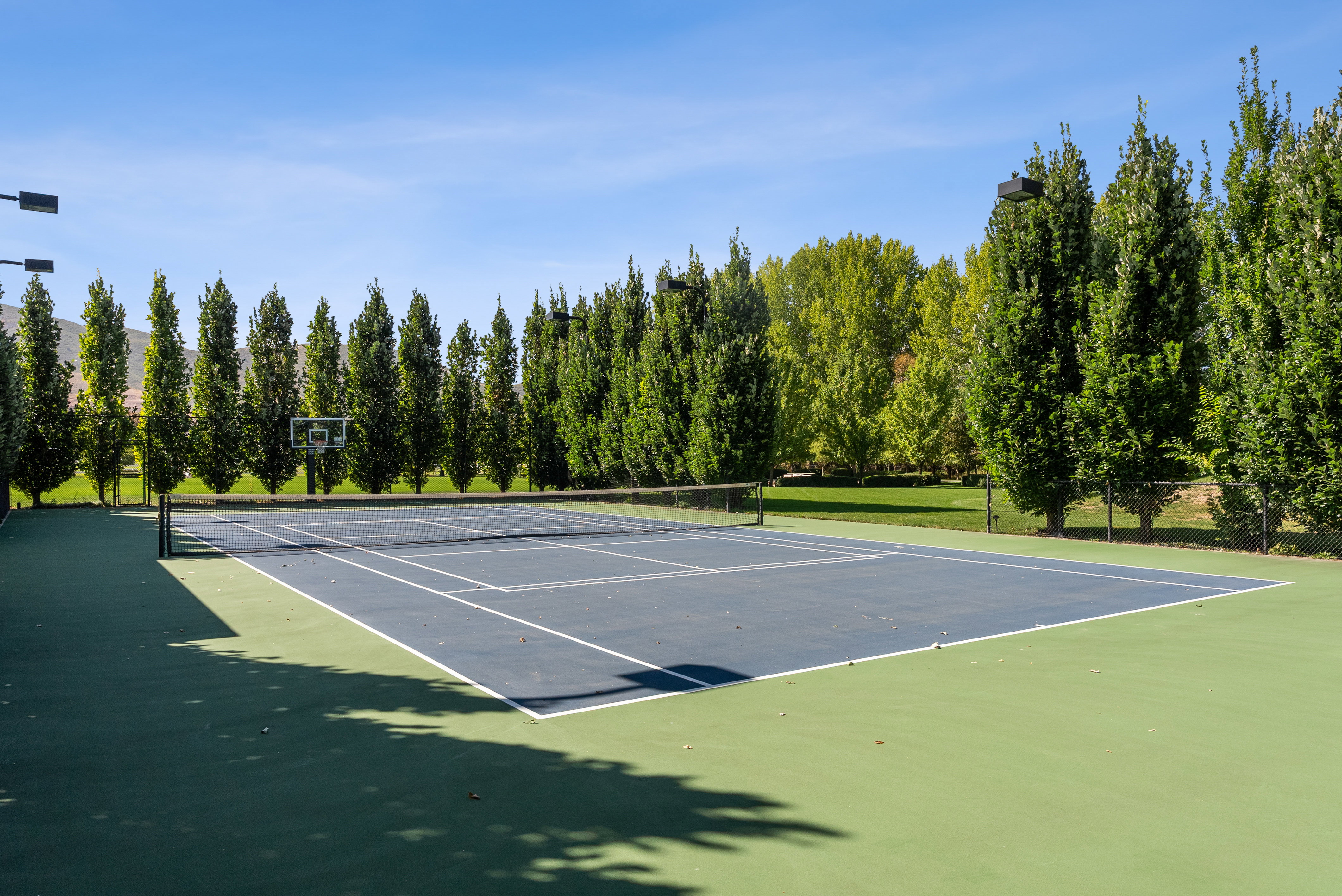 Multi-sport court featuring a tennis net, basketball hoop, and perimeter lighting, surrounded by mature trees
