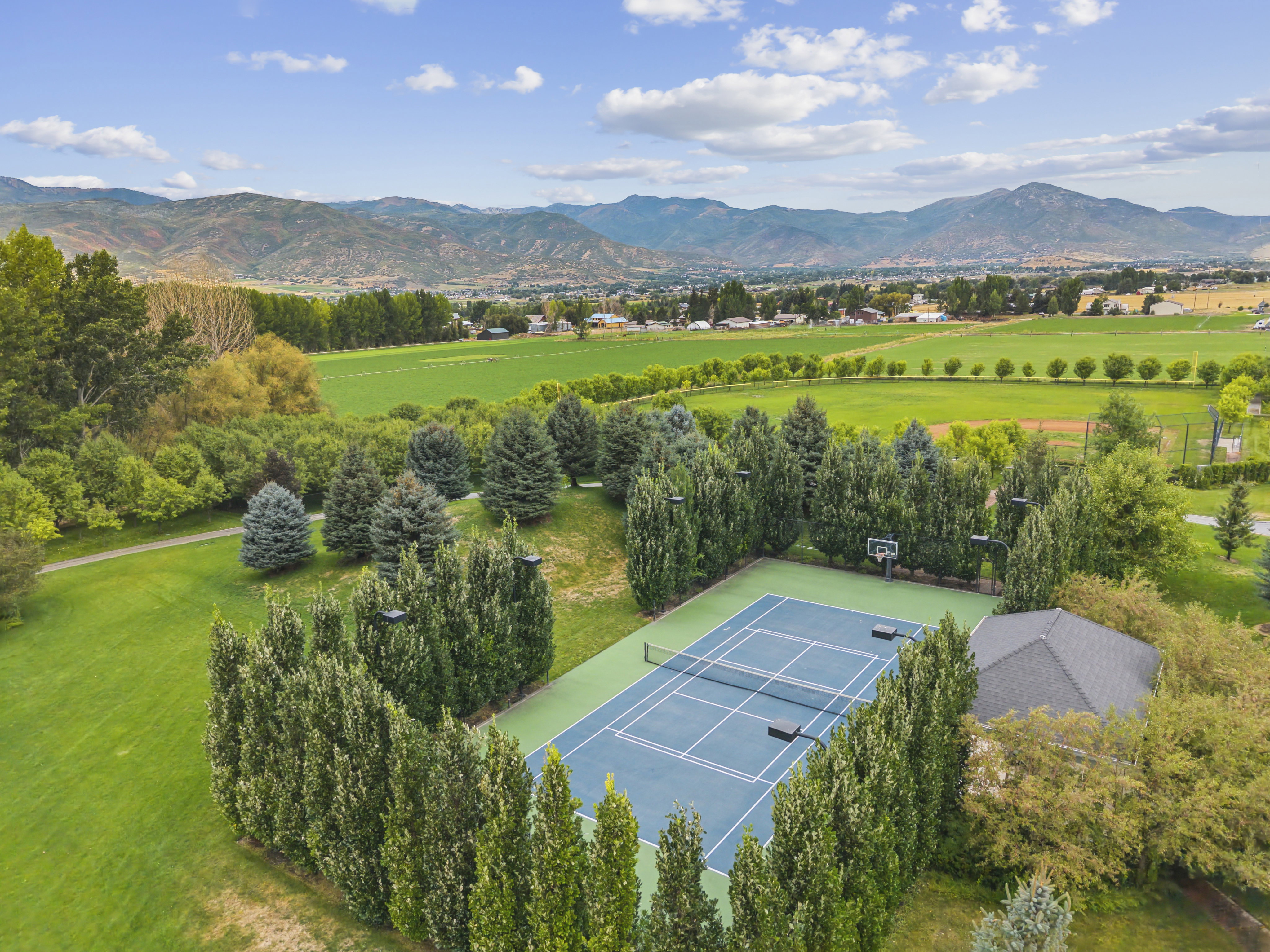 Private tennis court with a blue and green playing surface, bordered by mature trees and a nearby auxiliary structure