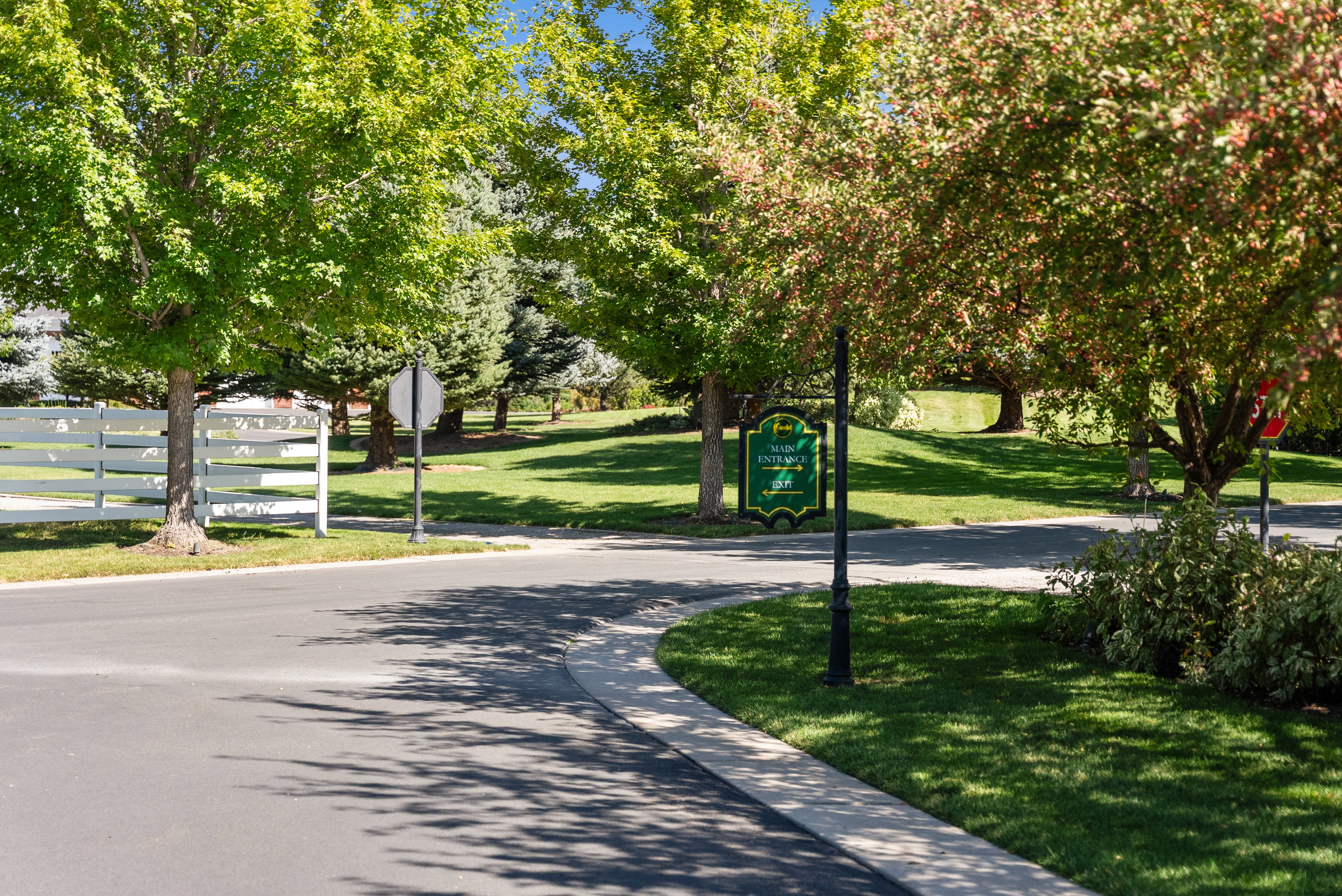 Winding asphalt roadway with a concrete sidewalk