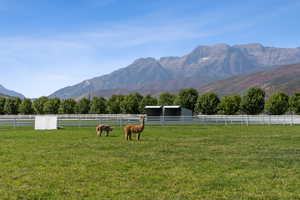 View of mountain backdrop featuring a pastoral area and rural landscape