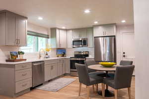 Kitchen featuring appliances with stainless steel finishes, gray cabinets, light wood-style flooring, recessed lighting, and decorative backsplash