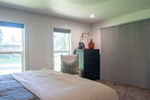 Carpeted bedroom with a closet and recessed lighting