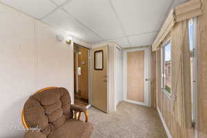 Corridor with light colored carpet and a drop ceiling