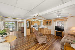 Living area featuring plenty of natural light, dark wood finished floors, a fireplace, a drop ceiling, and lofted ceiling