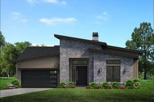 Modern home featuring an attached garage, a front yard, stone siding, a chimney, and driveway