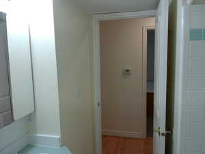 Bathroom featuring wood finished floors and vanity