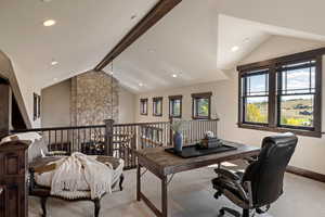 Home office featuring beam ceiling, carpet, recessed lighting, and high vaulted ceiling