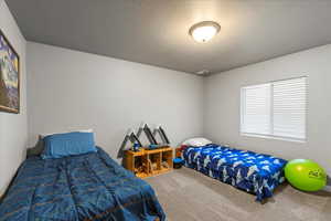 Carpeted bedroom featuring a textured ceiling
