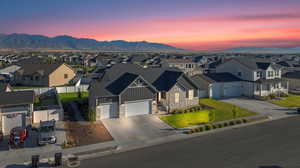 Aerial view of residential area with mountains