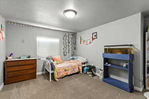 Carpeted bedroom with baseboards and a textured ceiling