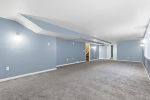 Finished basement with stairs and carpet flooring