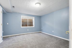 Carpeted spare room with a textured ceiling and baseboards