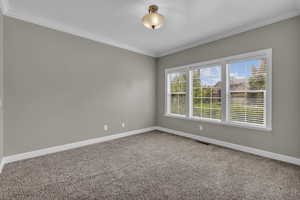 Carpeted spare room with crown molding and baseboards