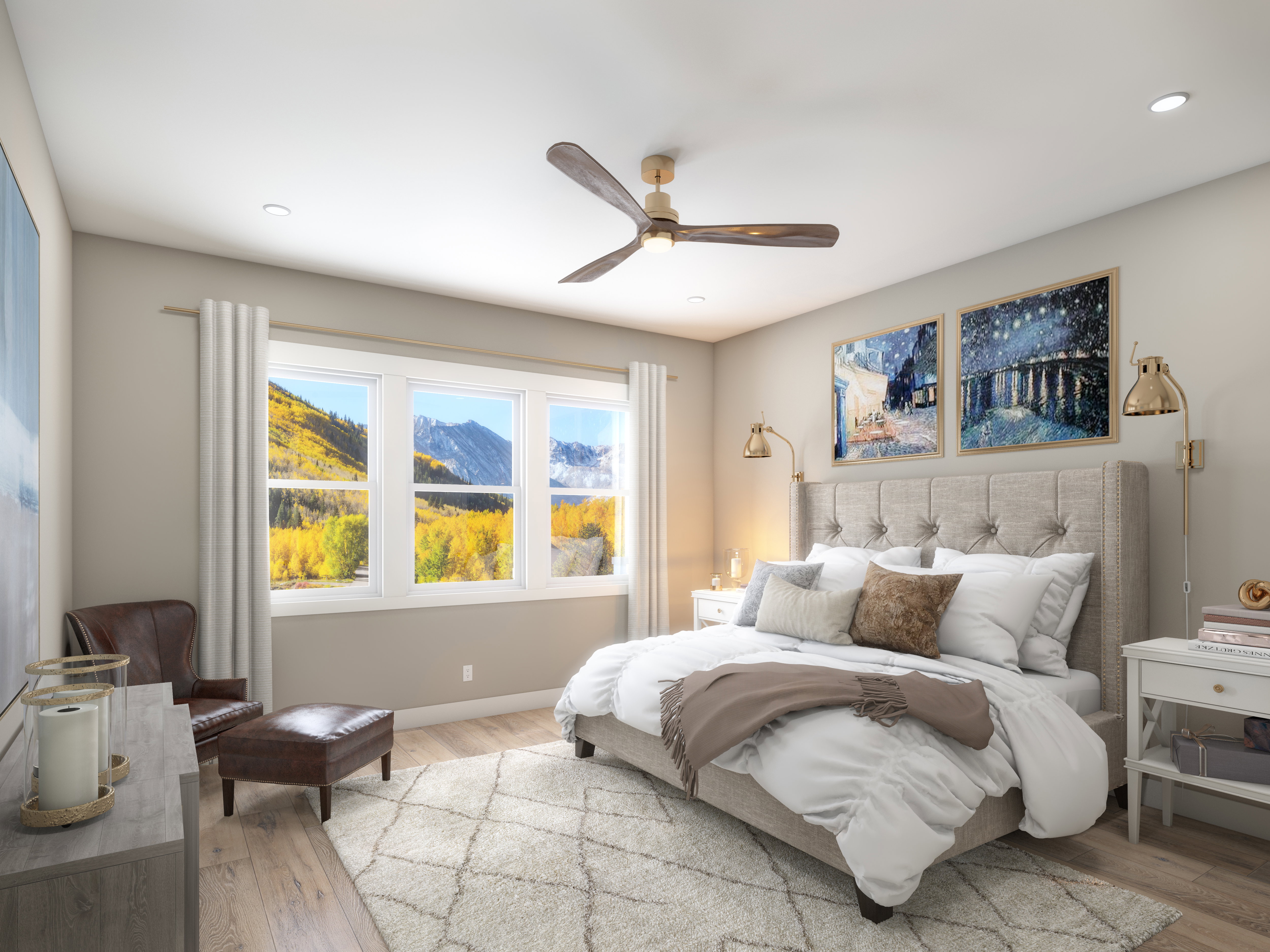 Bedroom with light wood finished floors, a ceiling fan, and recessed lighting
