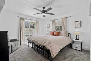 Carpeted bedroom with multiple windows and a ceiling fan