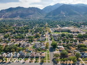 Aerial perspective of suburban area with mountains